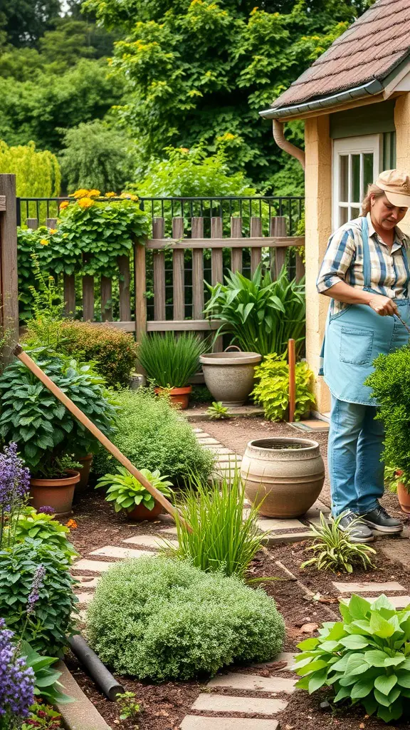 A gardener tending to a lush cottage garden filled with various plants and flowers.