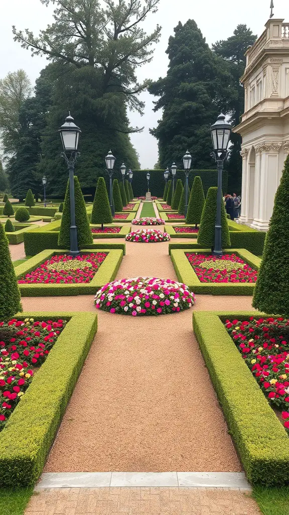 A formal garden layout with trimmed hedges, colorful flower beds, and lampposts.