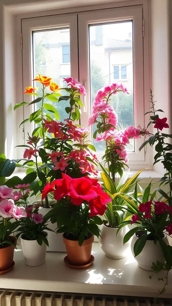 A collection of colorful flowering indoor plants by a window