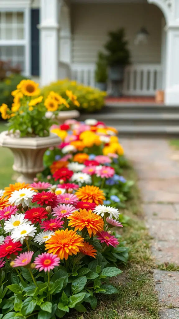 Colorful flower beds with seasonal blooms in a front yard.