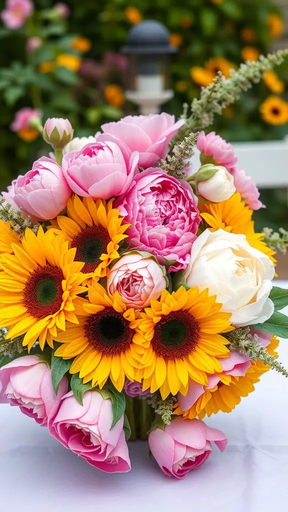 A vibrant bouquet featuring sunflowers and peonies in a mix of yellow and pink hues.