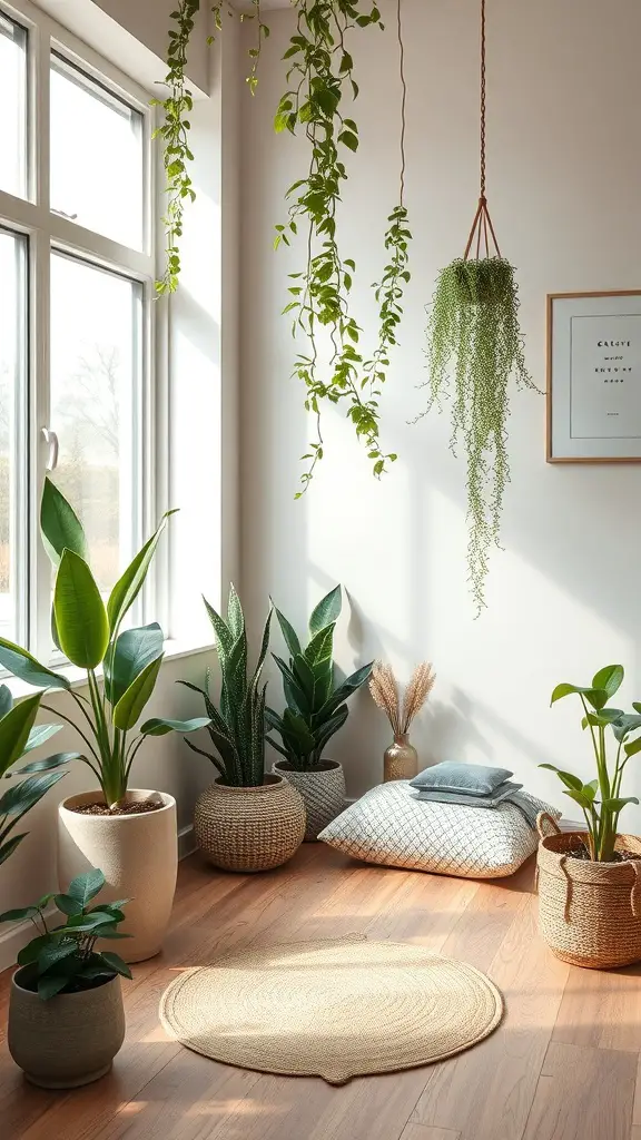 A cozy indoor space with various plants, a round rug, and cushions, creating a serene atmosphere.