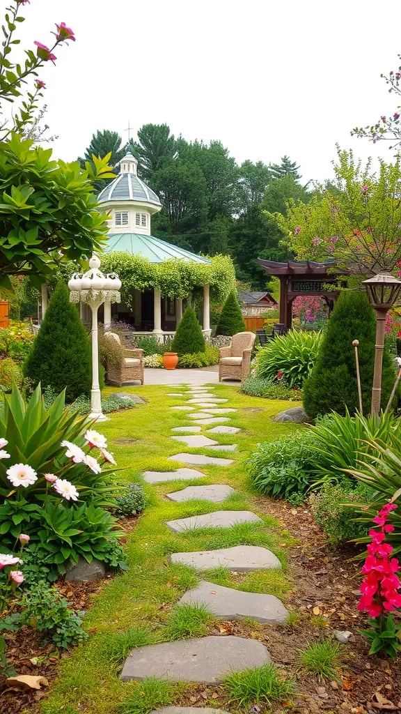 A stone pathway leading through a flower garden with a gazebo and seating area.