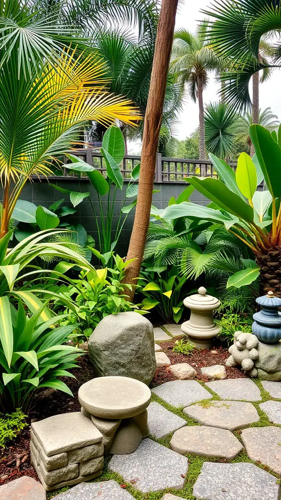 A lush garden corner with tropical plants and stone features