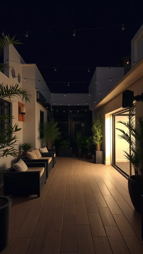 A modern terrace at night with string lights, plants, and comfortable seating.