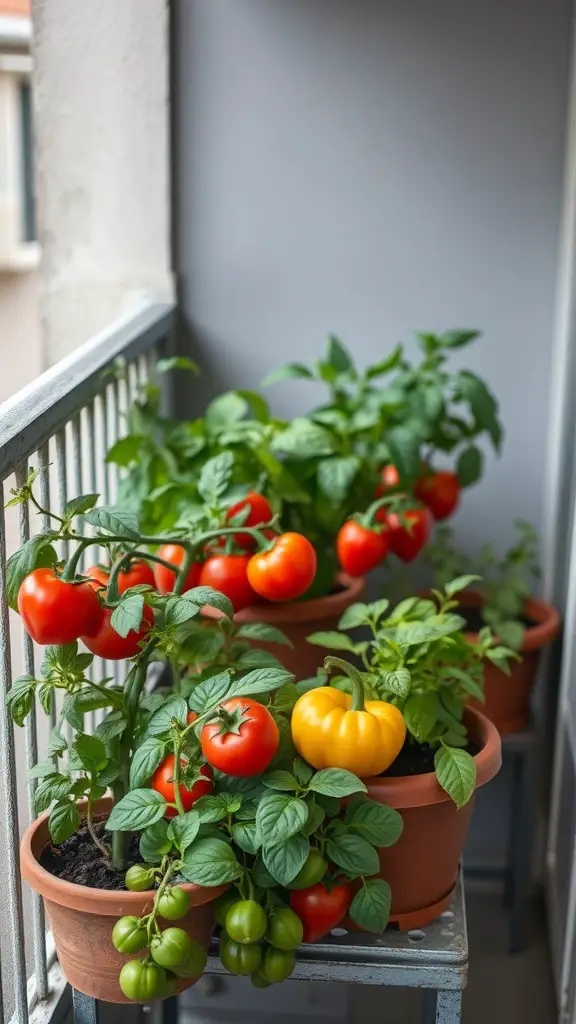 A mini vegetable garden on a balcony featuring red tomatoes, green tomatoes, and a yellow bell pepper in pots.