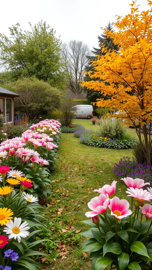 A vibrant garden path lined with pink, yellow, and white flowers, with an orange tree in the background.