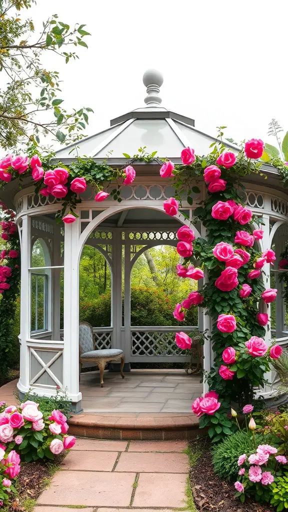 A beautiful gazebo surrounded by pink roses in a garden.