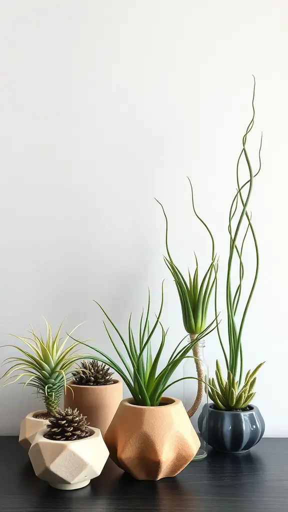 A collection of air plants in various pots, showcasing different shapes and colors.