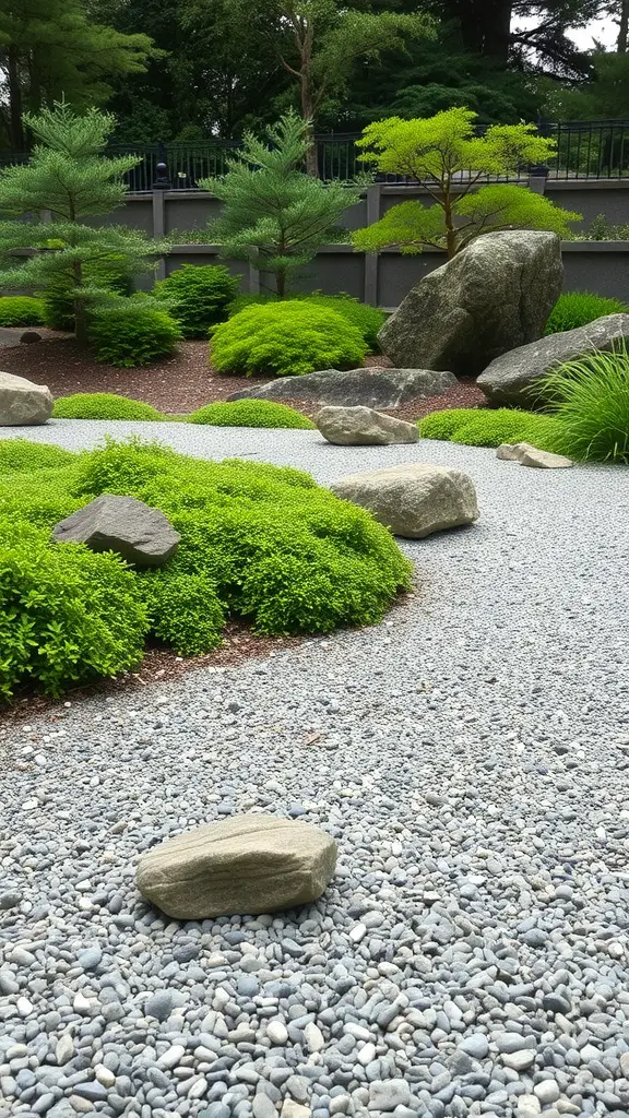 A tranquil Zen garden featuring smooth stones, lush greenery, and a gravel path.