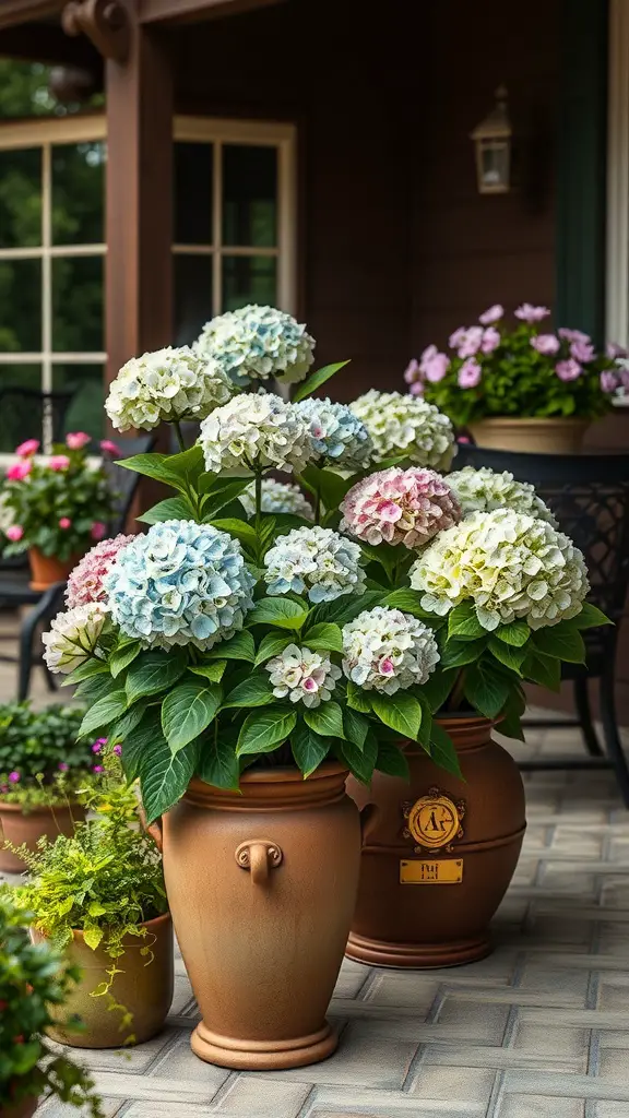 Beautiful hydrangeas in various shades of blue, pink, and white in decorative pots on a patio.