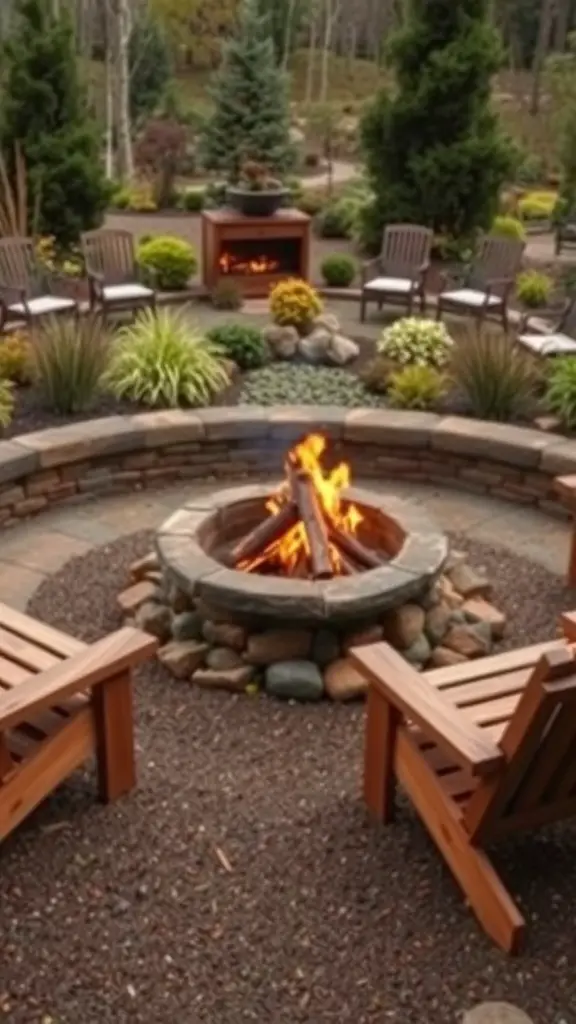 A cozy fire pit surrounded by wooden chairs and lush greenery.