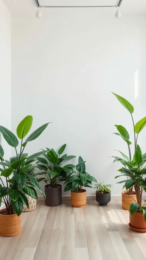 A room with various floor plants in decorative pots, showcasing a mix of greenery and textures.
