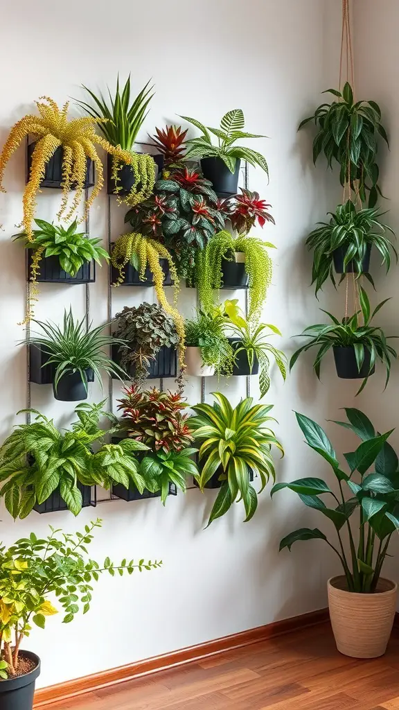 A vertical garden indoors featuring various plants in black pots, arranged on a wall.