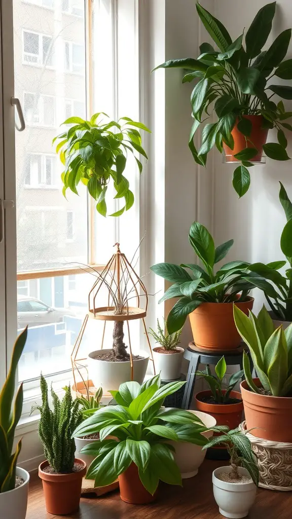 A variety of indoor plants arranged by a window, showcasing seasonal care needs.
