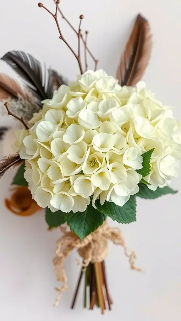 A bouquet of pale yellow hydrangeas with dark feathers and twigs, tied with natural fibers.