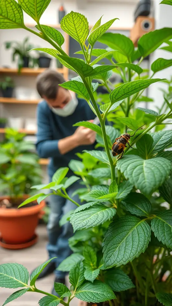 A person inspecting indoor plants for pests, with a focus on healthy green leaves and a visible insect.