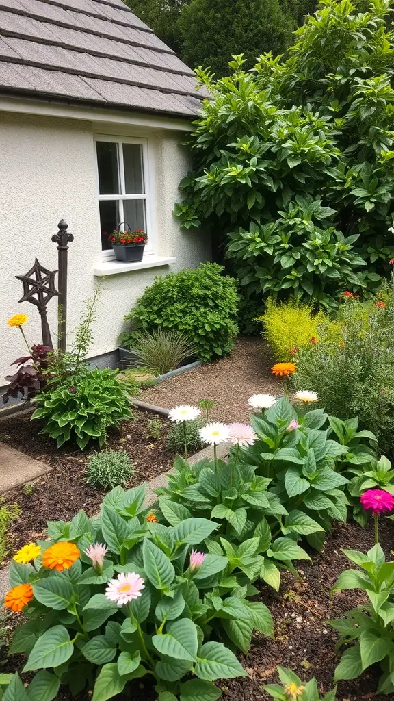 A cottage garden with colorful flowers and lush greenery, ideal for incorporating seasonal vegetables.