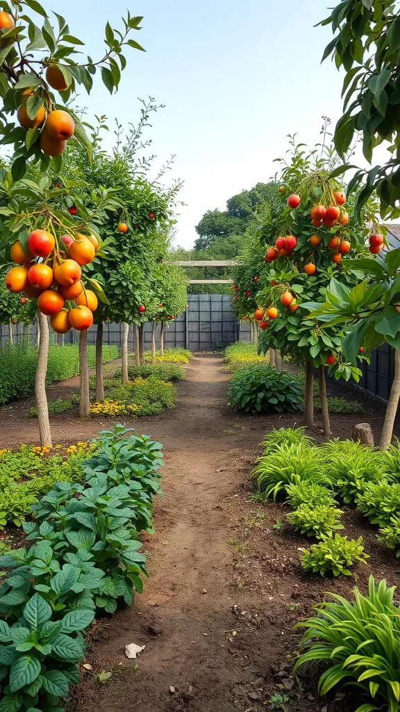 A beautiful garden with fruit trees and lush greenery, showcasing an edible landscape design.
