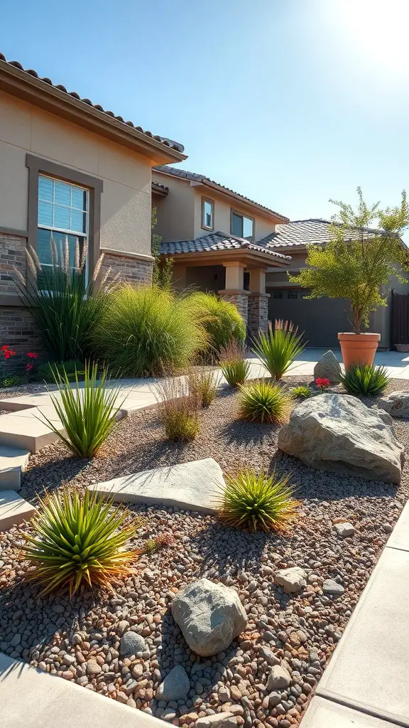 A front yard featuring xeriscaping with rocks and drought-resistant plants.