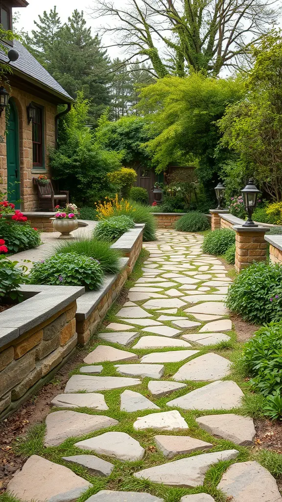 A natural stone pathway surrounded by lush greenery and colorful flowers in a cottage garden.