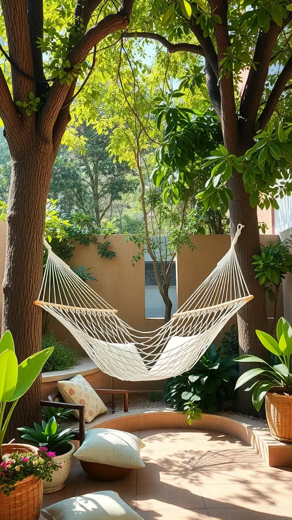 A cozy hammock hanging between two trees surrounded by lush greenery and potted plants.