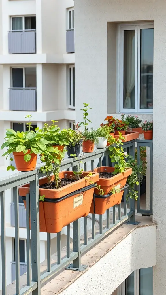 A balcony with potted plants arranged along the railing, showcasing a creative gardening solution.
