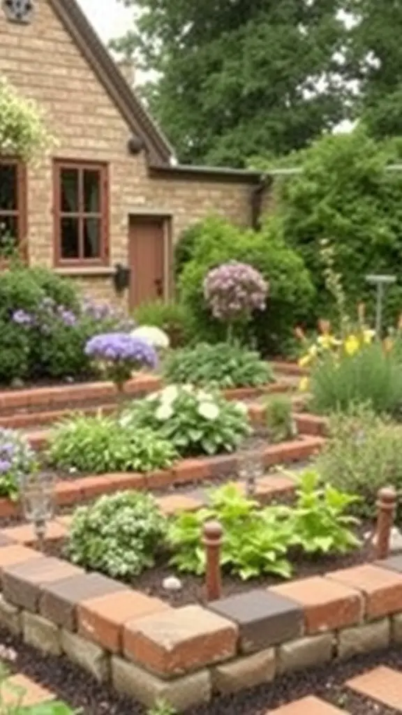 A cottage garden with defined beds using brick edging, featuring various flowers and greenery.