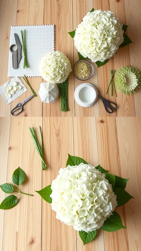 A DIY setup for creating a hydrangea bouquet with tools and materials.
