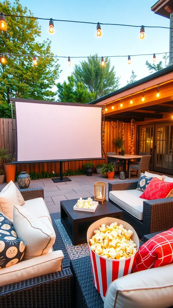 Outdoor movie setup with a projector screen, cozy seating, and popcorn