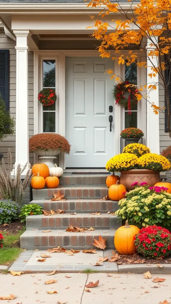 A beautifully decorated front yard with pumpkins, colorful flowers, and autumn leaves.