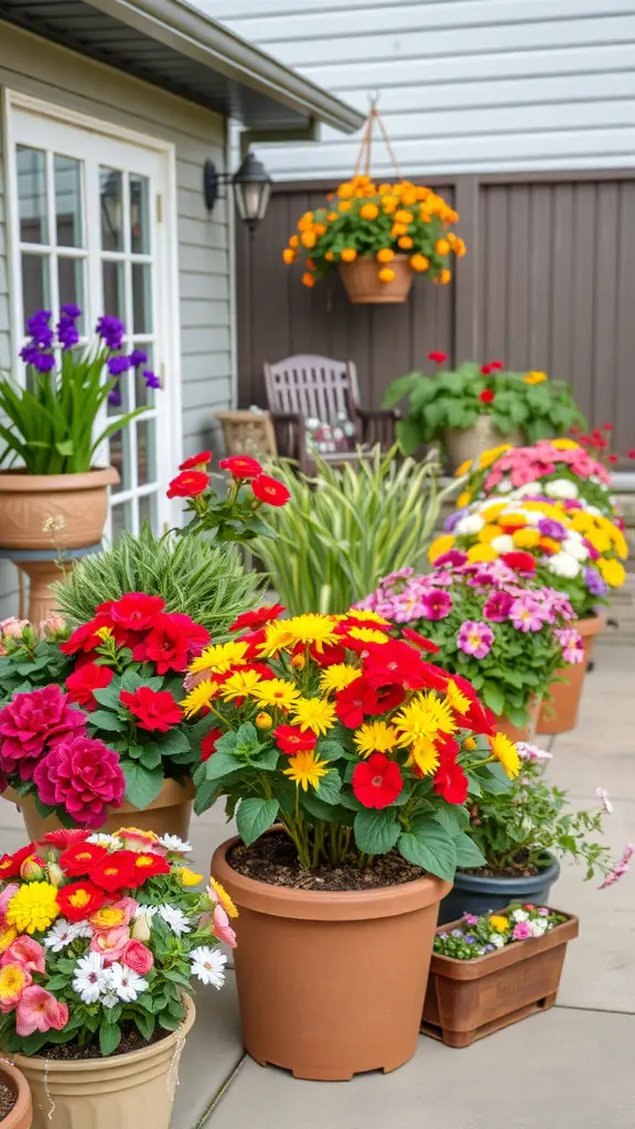 A colorful display of various flowers in pots and hanging baskets in a garden setting.