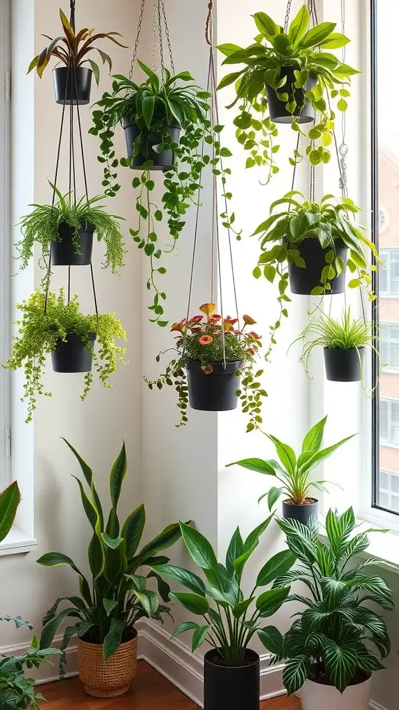 A collection of hanging planters with various plants in black pots, displayed in a bright room.