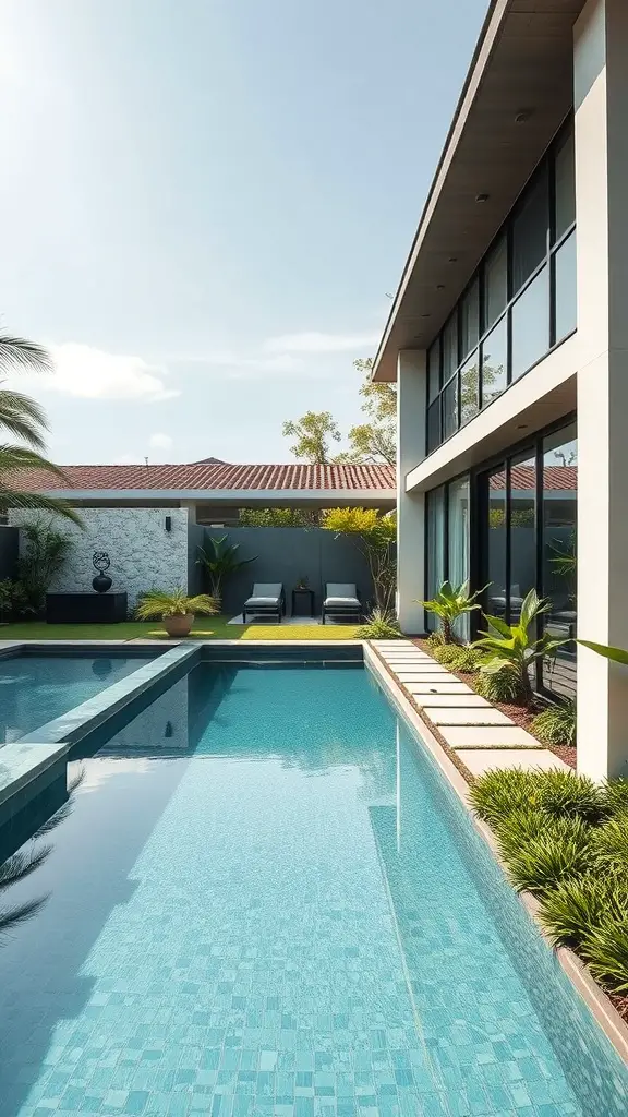 A modern house with a swimming pool, featuring a stone pathway and lush greenery.