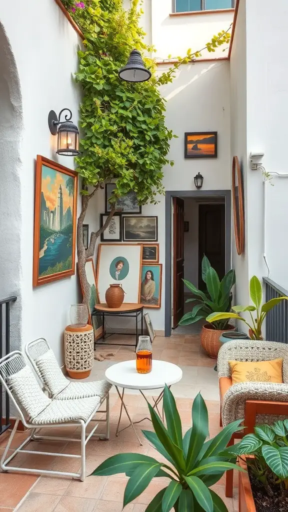 A cozy terrace featuring plants, artwork, and comfortable seating.
