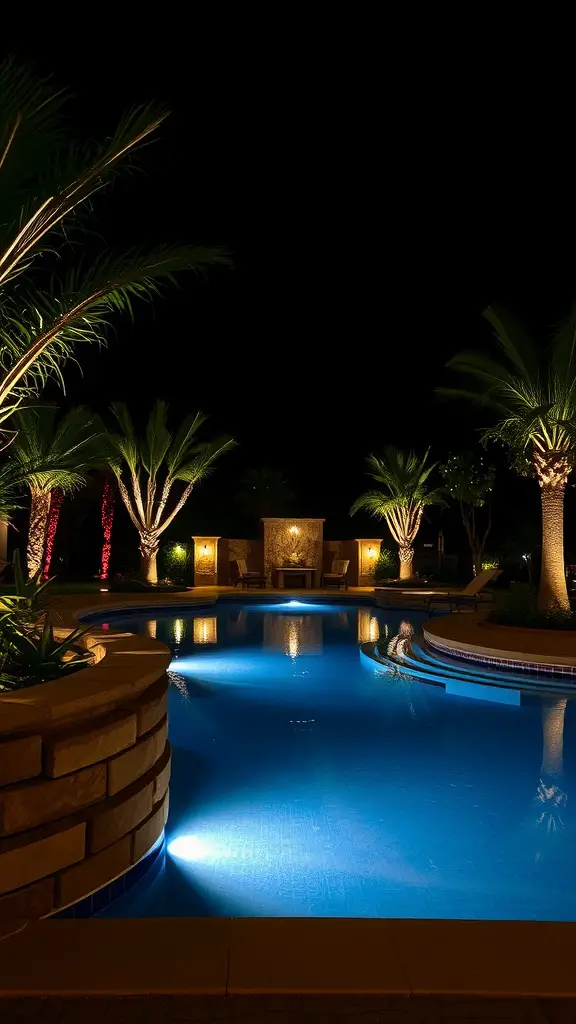 A beautifully lit pool area at night with palm trees and soft blue water.