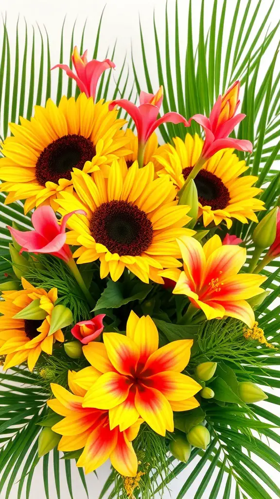 A vibrant tropical sunflower arrangement featuring yellow sunflowers and pink lilies surrounded by green foliage.