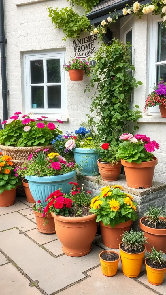 A colorful display of flower pots in a cottage garden setting.
