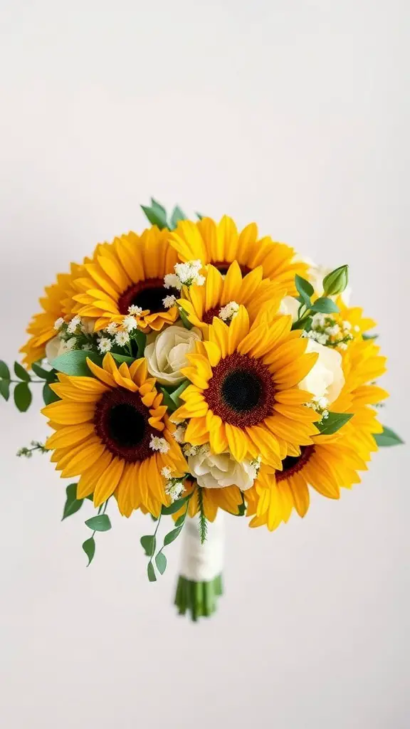 A vibrant sunflower bridal bouquet with sunflowers, white flowers, and greenery.