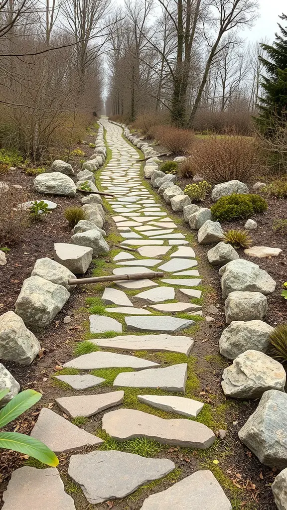A stone pathway winding through a garden with trees and shrubs on either side.