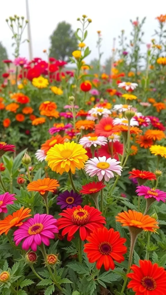 A vibrant display of colorful flowers including red, orange, pink, and yellow blooms in a garden setting.