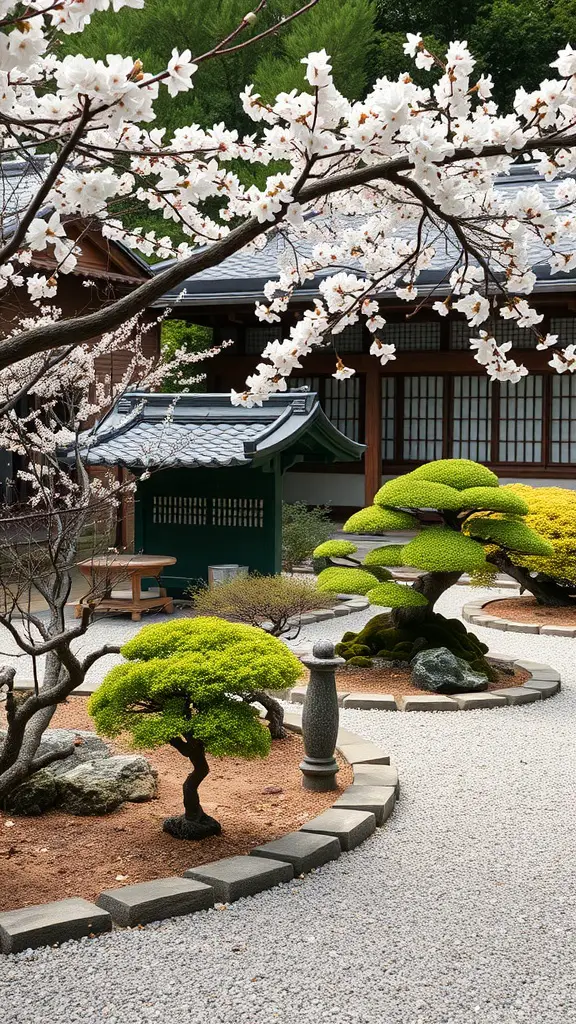 A serene Zen Japanese garden featuring cherry blossoms, bonsai trees, and a stone lantern.