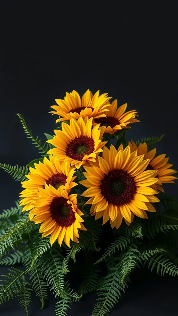 A bouquet of sunflowers surrounded by green ferns against a dark background.