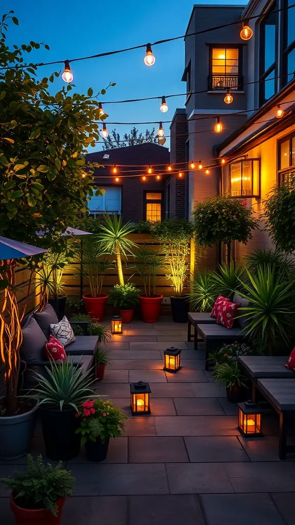 A cozy terrace garden illuminated with string lights and lanterns, showcasing plants and seating.