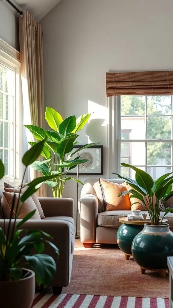 A cozy living room with faux plants, featuring large green leaves and comfortable seating.