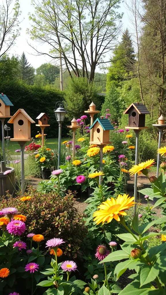 A colorful garden with various flowers and birdhouses