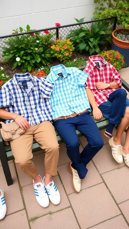 A selection of stylish outfits for a garden party, including a black top, white embroidered dress, red gingham dress, and a striped skirt, displayed on a bench surrounded by flowers.