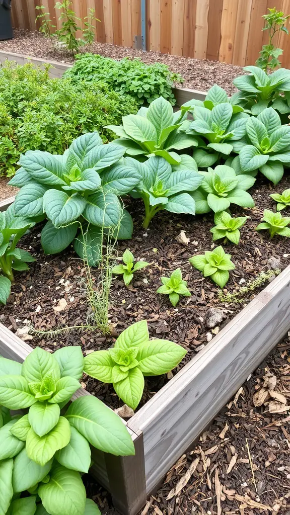 A lush vegetable garden in a raised bed with various green plants.