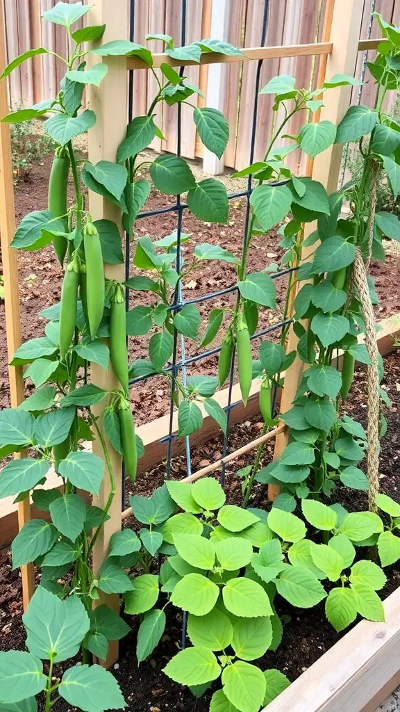 A raised garden bed with climbing pea plants on a trellis and lush green leaves below.