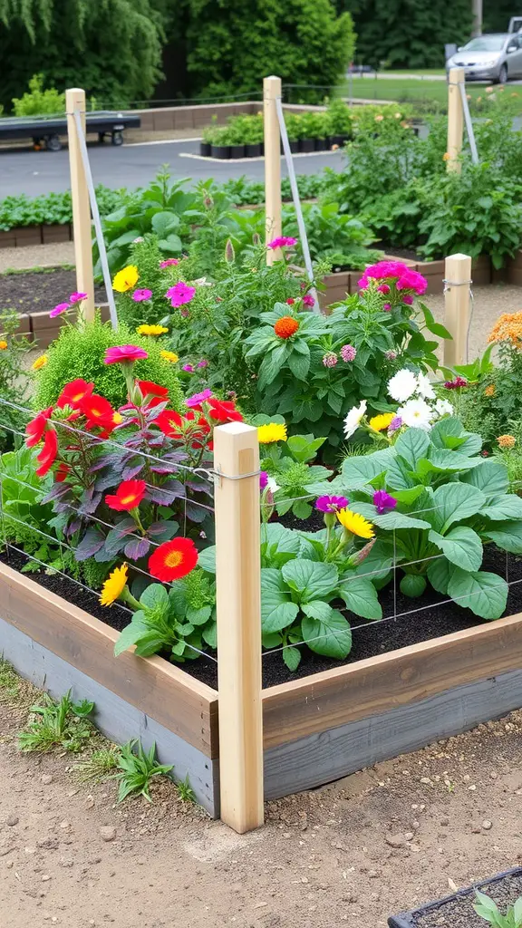 A colorful raised garden bed with decorative fencing, filled with various flowers.